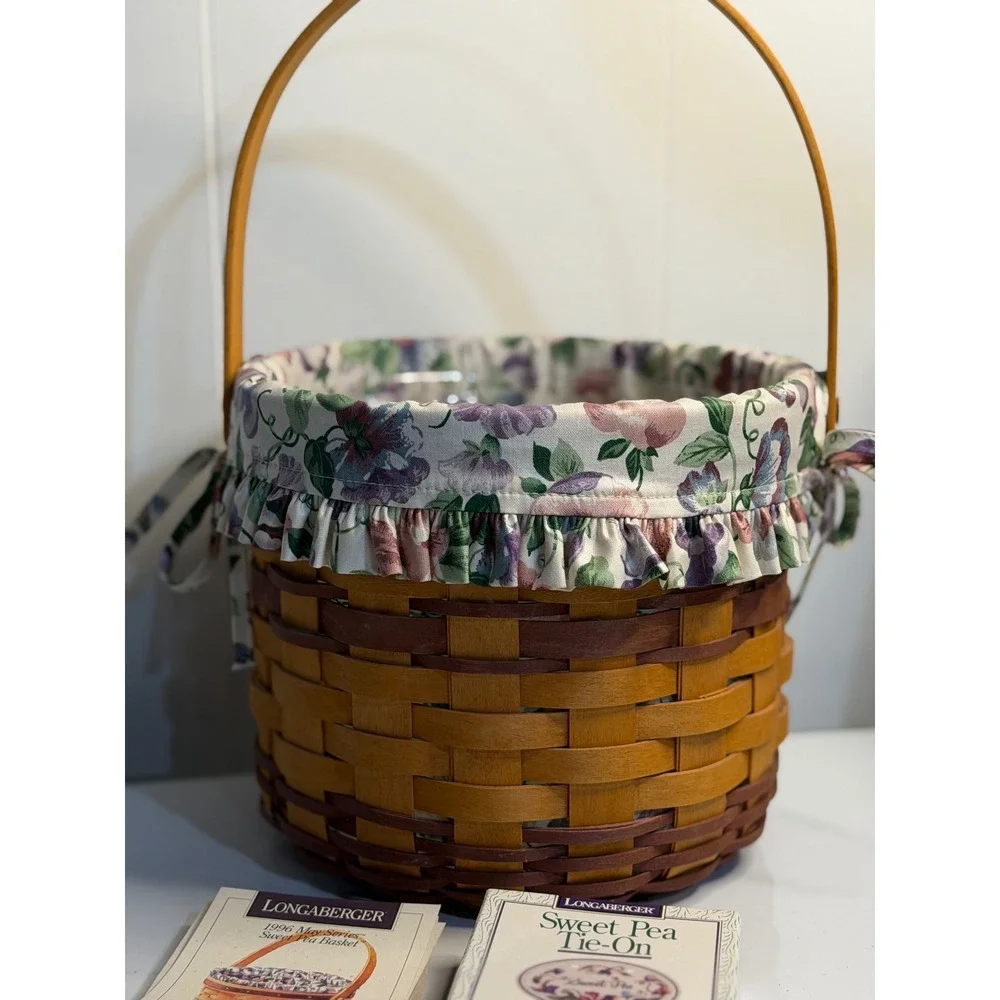 VTG Longaberger 96' May Series Sweet Pea Basket Brown Floral Liner Ceramic TieOn